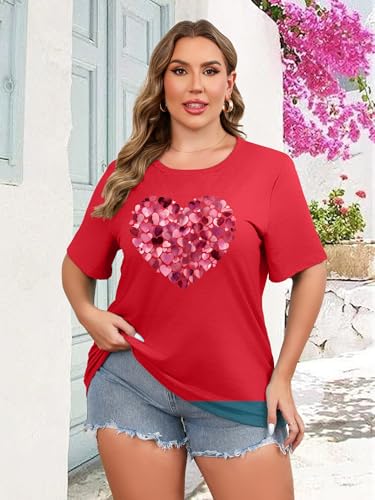 HDLTE Women Plus Size Tops Love Heart Tshirts Plaid Casual Short Sleeve Valentines Day Tee Shirt (Red Pink Heart, 1X)
