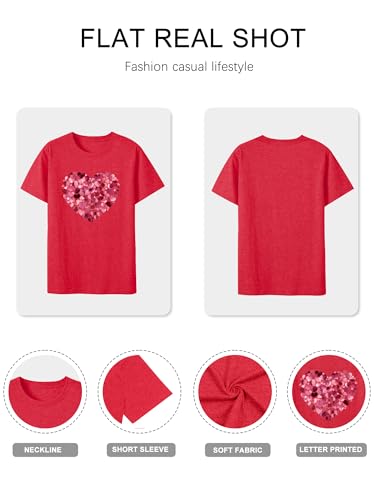 HDLTE Women Plus Size Tops Love Heart Tshirts Plaid Casual Short Sleeve Valentines Day Tee Shirt (Red Pink Heart, 1X)