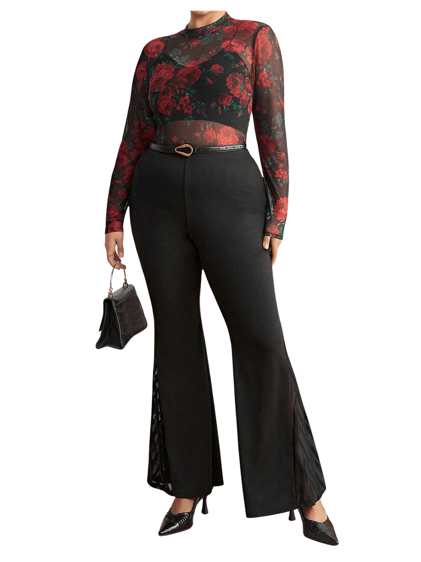 SHENHE Women's Plus Size Floral Mesh Top Sheer Long Sleeve Lace Mock Neck Vintage Renaissance Tshirt Top Red 2XL