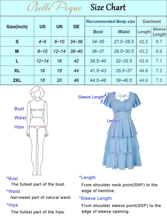 Belle Poque Women's Square Neck Tiered Ruffle Dress 2024 Vintage Layered A-line Swing Midi Dress Blue Floral XX-Larg