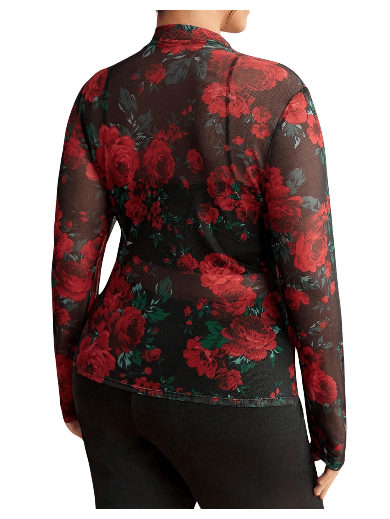 SHENHE Women's Plus Size Floral Mesh Top Sheer Long Sleeve Lace Mock Neck Vintage Renaissance Tshirt Top Red 2XL