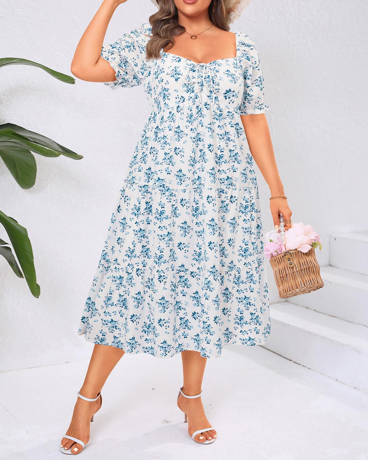 Talisea Plus Size Spring Dresses Women Floral Summer Boho Sundress Casual Beach Blue White Milkmaid Flowy Easter Midi Dress