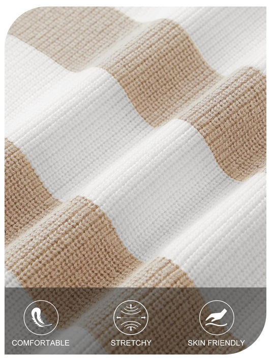 MEROKEETY Women's 2 Piece Sweater Lounge Sets Striped Long Sleeve Shorts Oversized Matching Outfits, KhakiCombo, X-Large