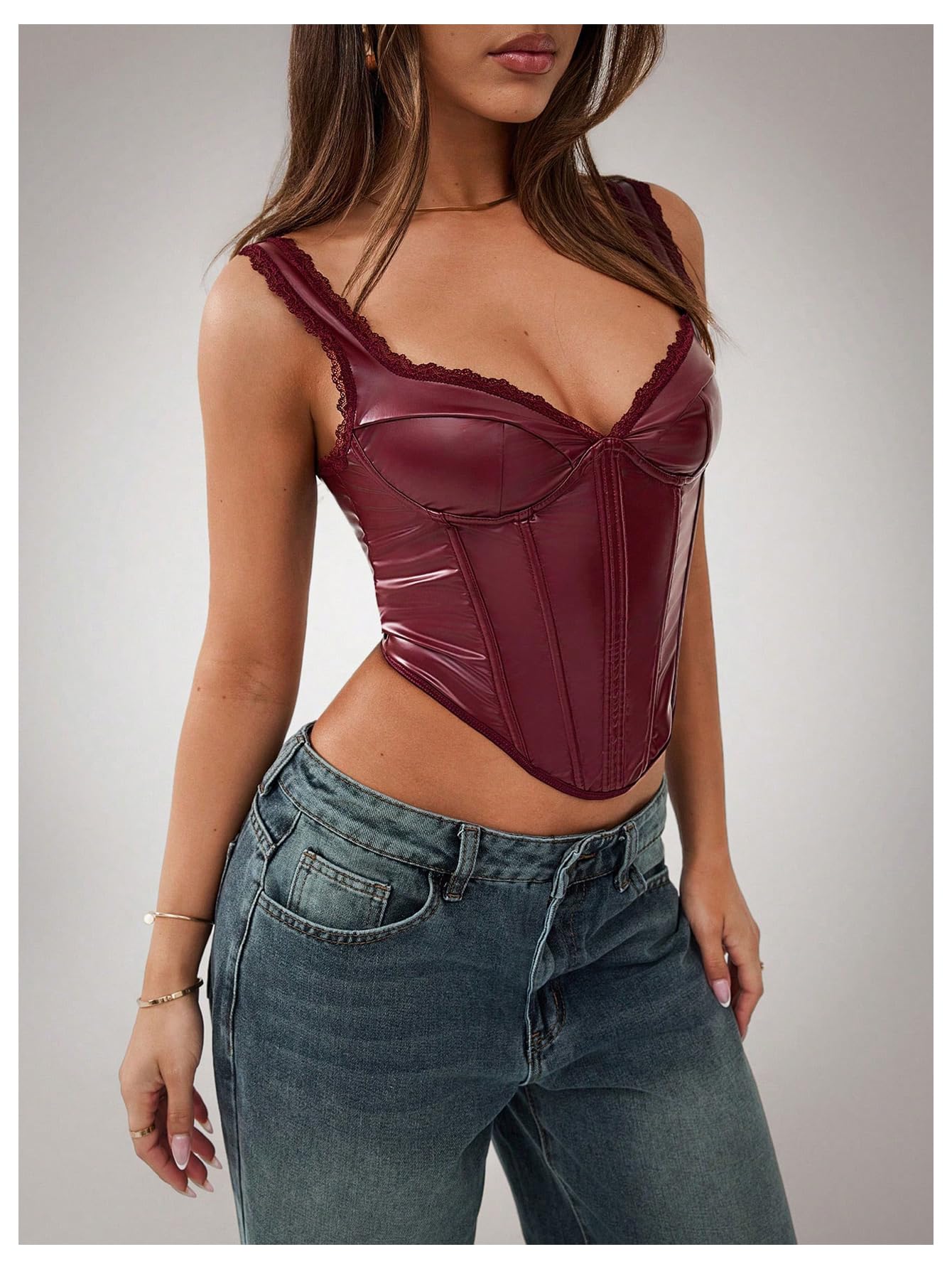 Milumia Women's Sweetheart Neck Sleeveless Corset Top Asymmetrical Hem Bustier Tops Burgundy Small
