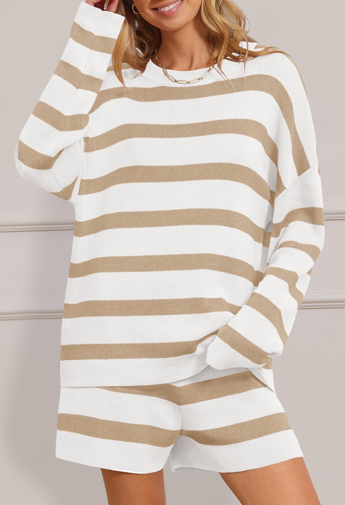 MEROKEETY Women's 2 Piece Sweater Lounge Sets Striped Long Sleeve Shorts Oversized Matching Outfits, KhakiCombo, X-Large