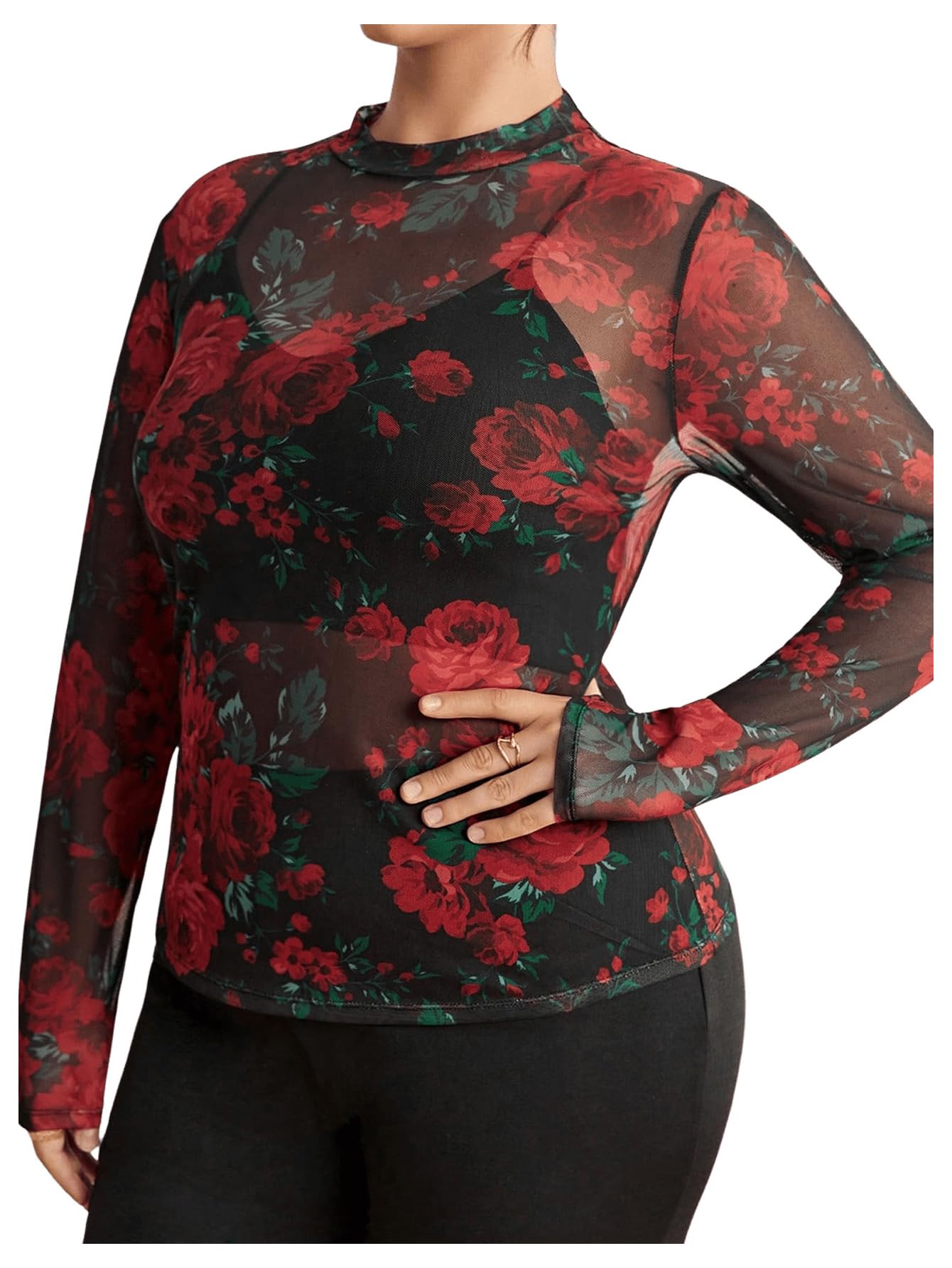 SHENHE Women's Plus Size Floral Mesh Top Sheer Long Sleeve Lace Mock Neck Vintage Renaissance Tshirt Top Red 2XL