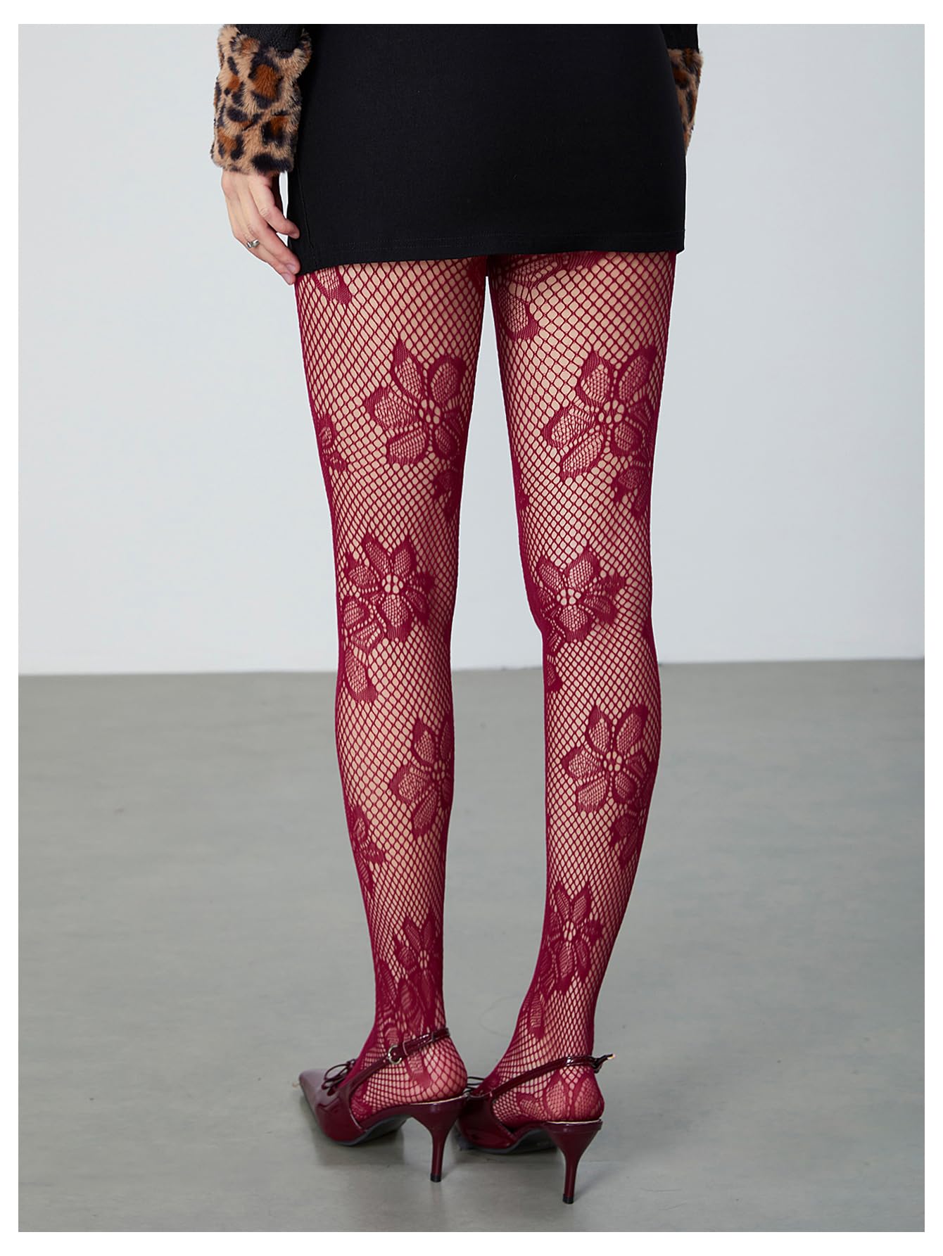 Milumia Women's Floral Patterned Lace See Through Pantyhose Stockings Hollow Tights Burgundy One-Size