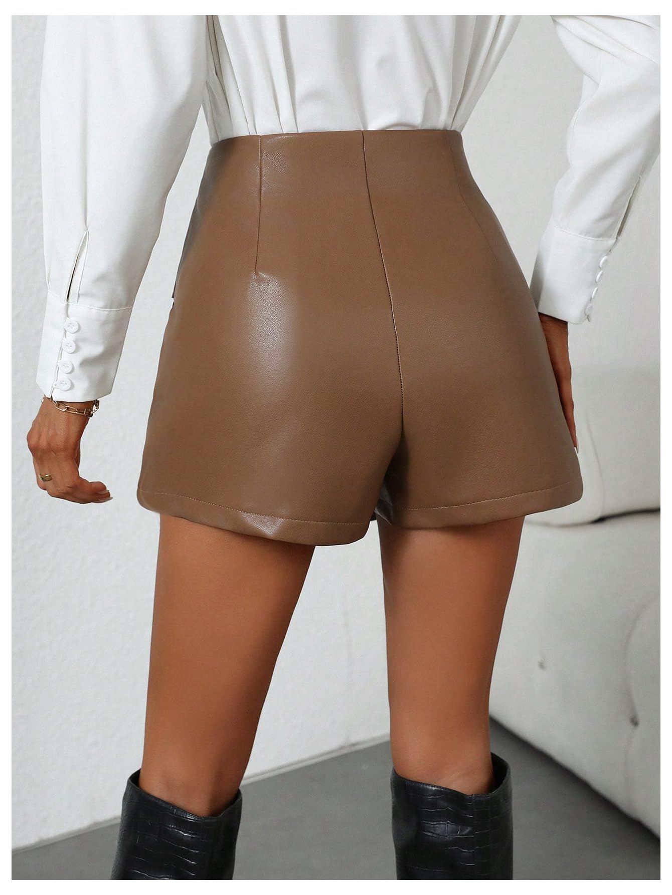 Milumia Women's Twisted Front Pu Leather Skirt Shorts Wrapped Dressy Skorts Coffee Brown X-Large