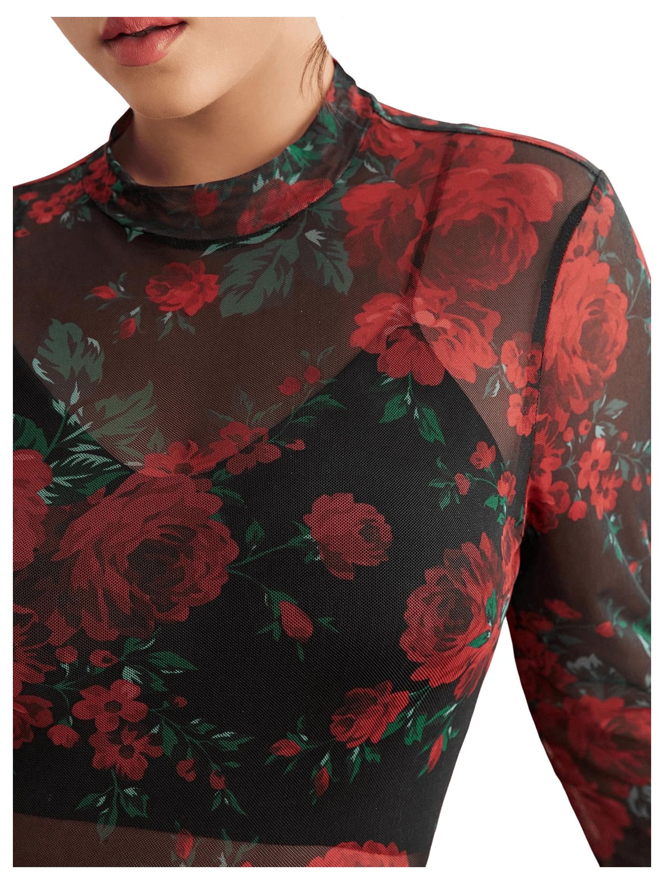 SHENHE Women's Plus Size Floral Mesh Top Sheer Long Sleeve Lace Mock Neck Vintage Renaissance Tshirt Top Red 2XL
