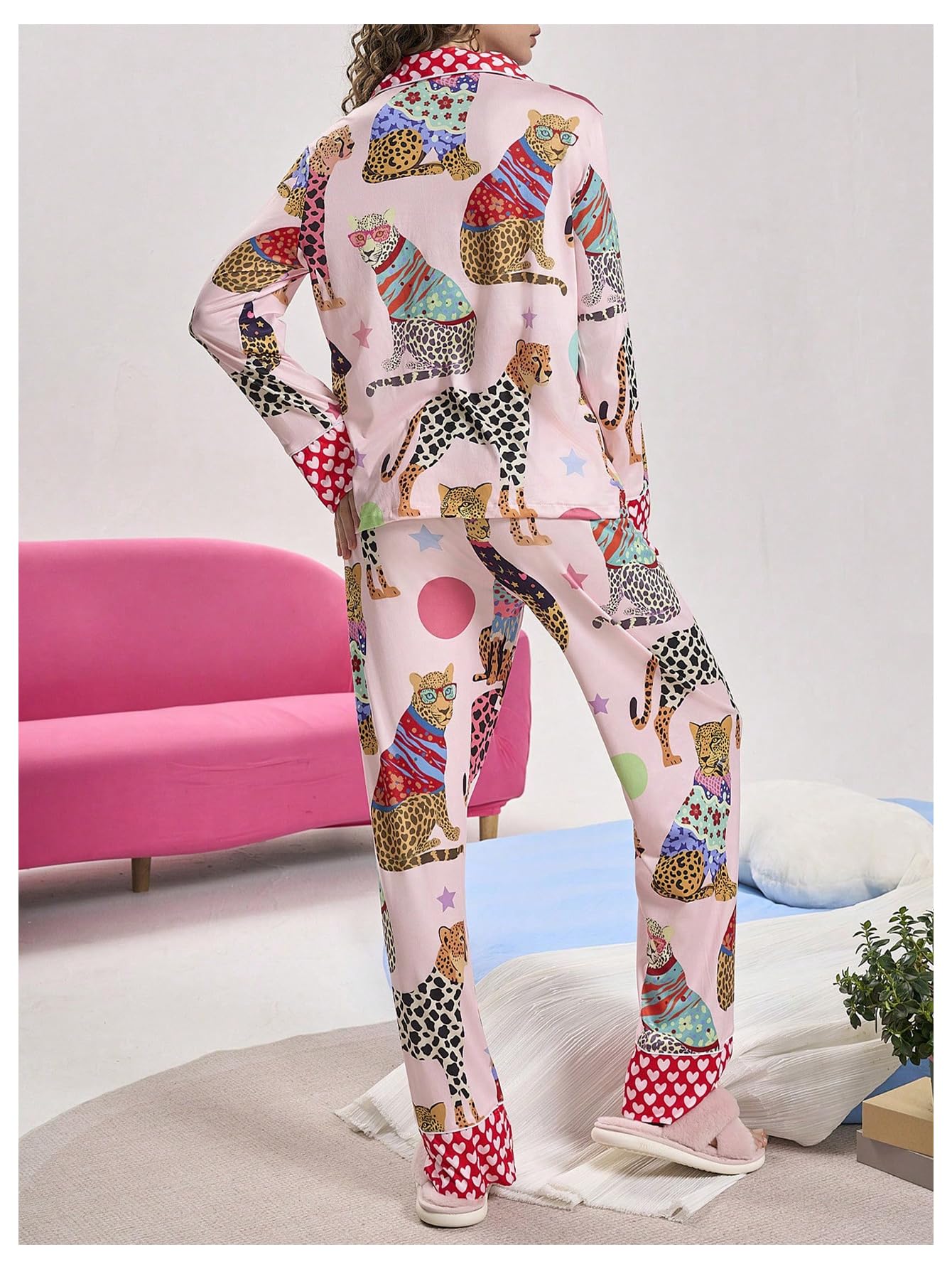 BEAUDRM Women's 2 Piece Pajama Set Animal Print Button Up Long Sleeve Shirt and Pants Lounge Set Multicolor Medium