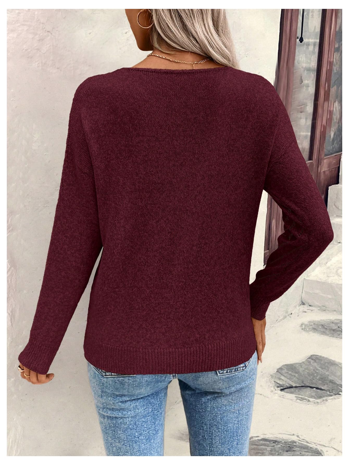 BEAUDRM Women's Hollow Out Pullover Sweaters Vintage Lightweight V Neck Long Sleeve Oversize Knit Tops Burgundy X-Large