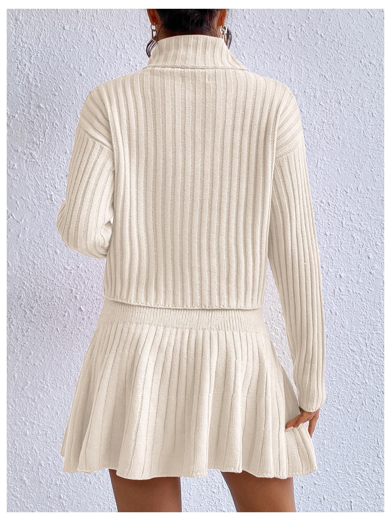 BEAUDRM Women's 2 Piece Outfits Long Sleeve Turtleneck Drop Shoulder Ribbed Knit Sweater and Ruffle Mini Sweater Skirt Set Beige Large - Bella Blue Styles