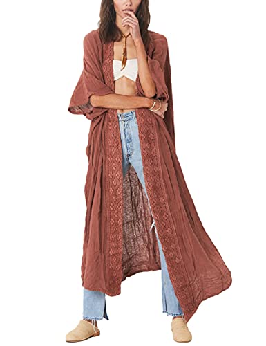 Bsubseach Embroidery Bathing Suit Cover Ups for Women Half Sleeve Beach Kimono Swimsuit Coverup Rusty Red - Bella Blue Styles