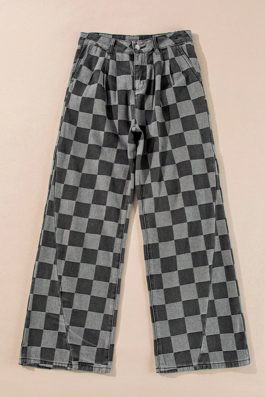 Checkered Wide Leg Jeans with Pockets - Bella Blue Styles