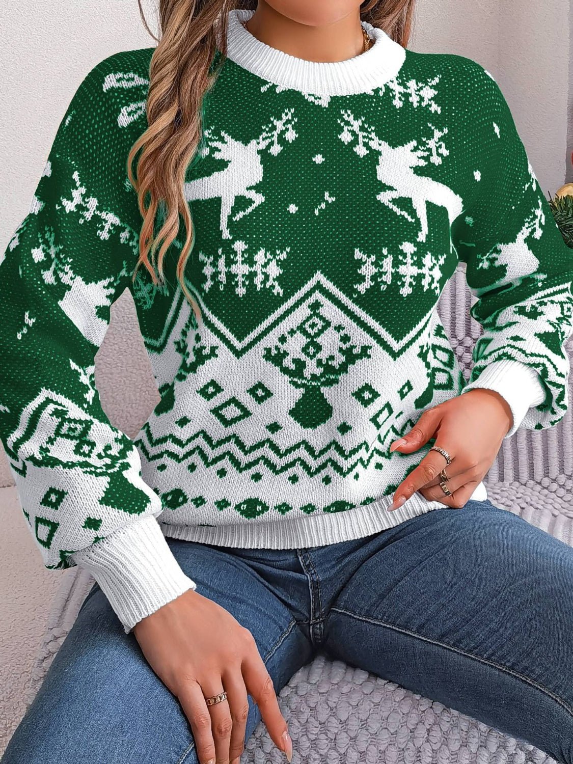 Christmas Element Round Neck Long Sleeve Sweater - Bella Blue Styles