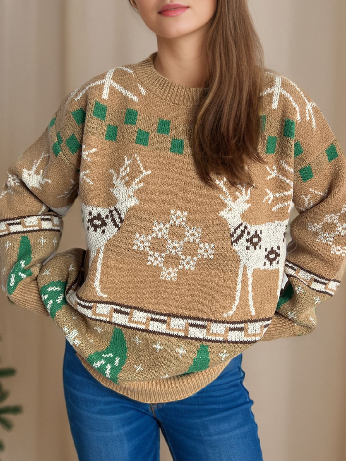 Christmas Element Round Neck Long Sleeve Sweater - Bella Blue Styles