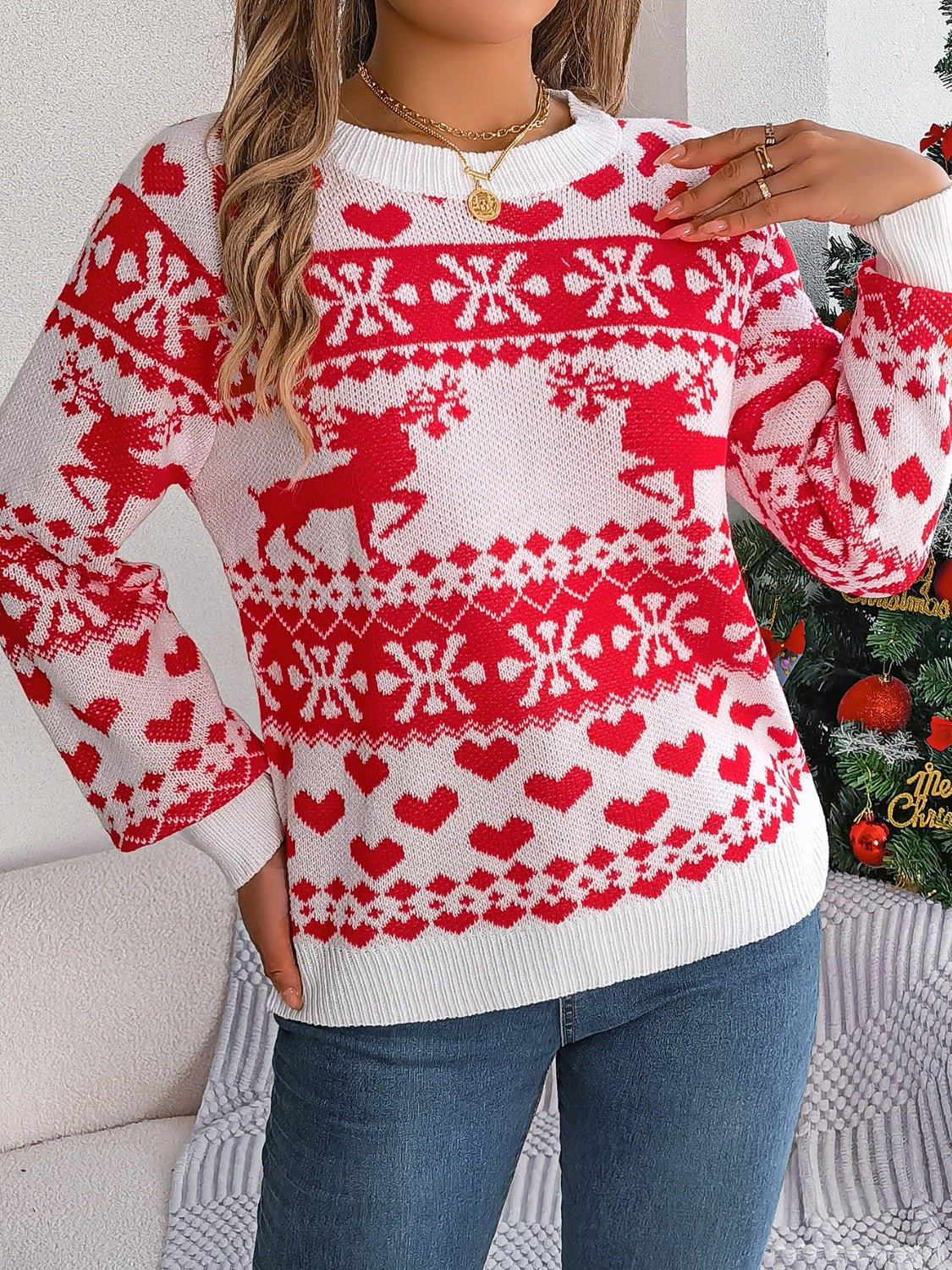 Christmas Element Round Neck Long Sleeve Sweater - Bella Blue Styles