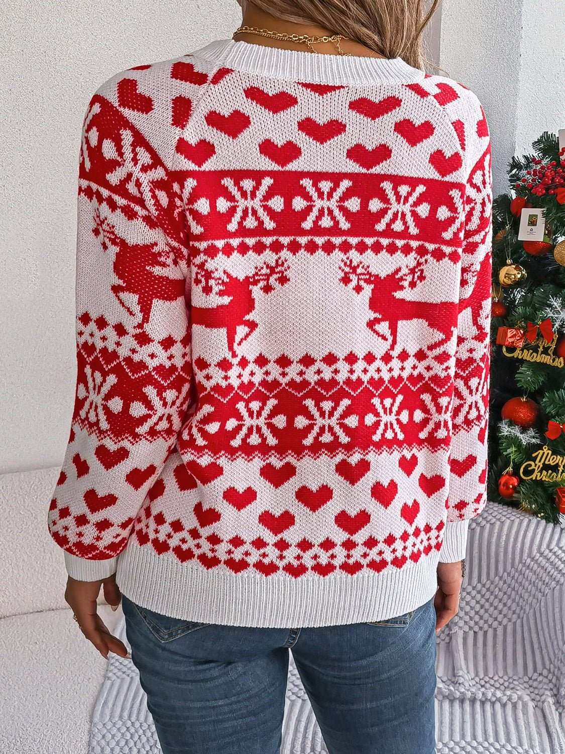 Christmas Element Round Neck Long Sleeve Sweater - Bella Blue Styles