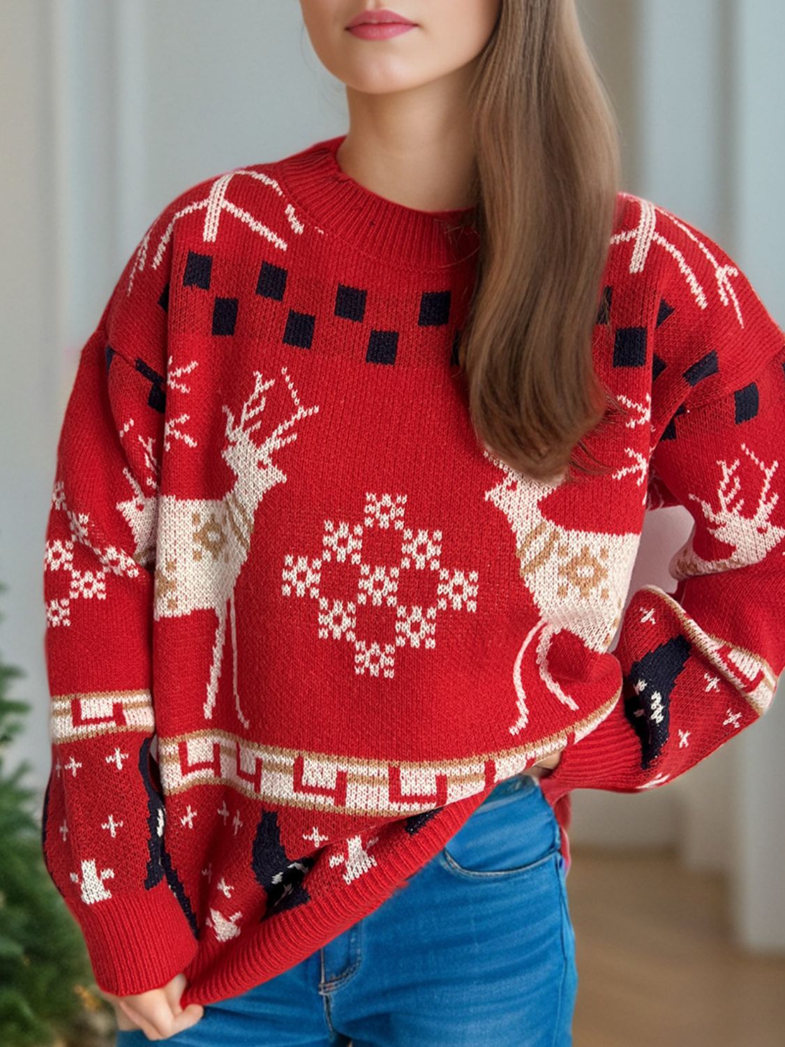 Christmas Element Round Neck Long Sleeve Sweater - Bella Blue Styles