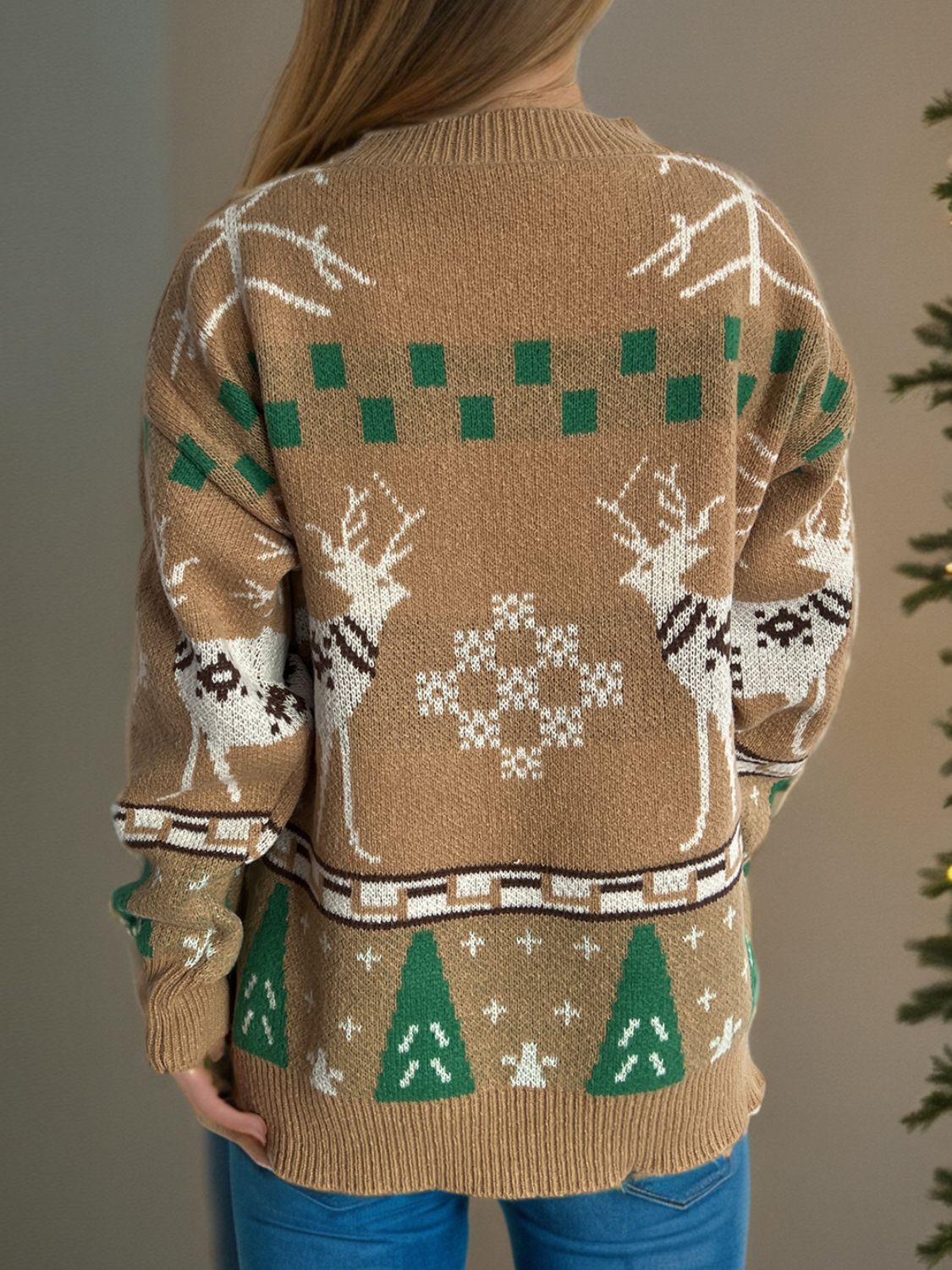 Christmas Element Round Neck Long Sleeve Sweater - Bella Blue Styles