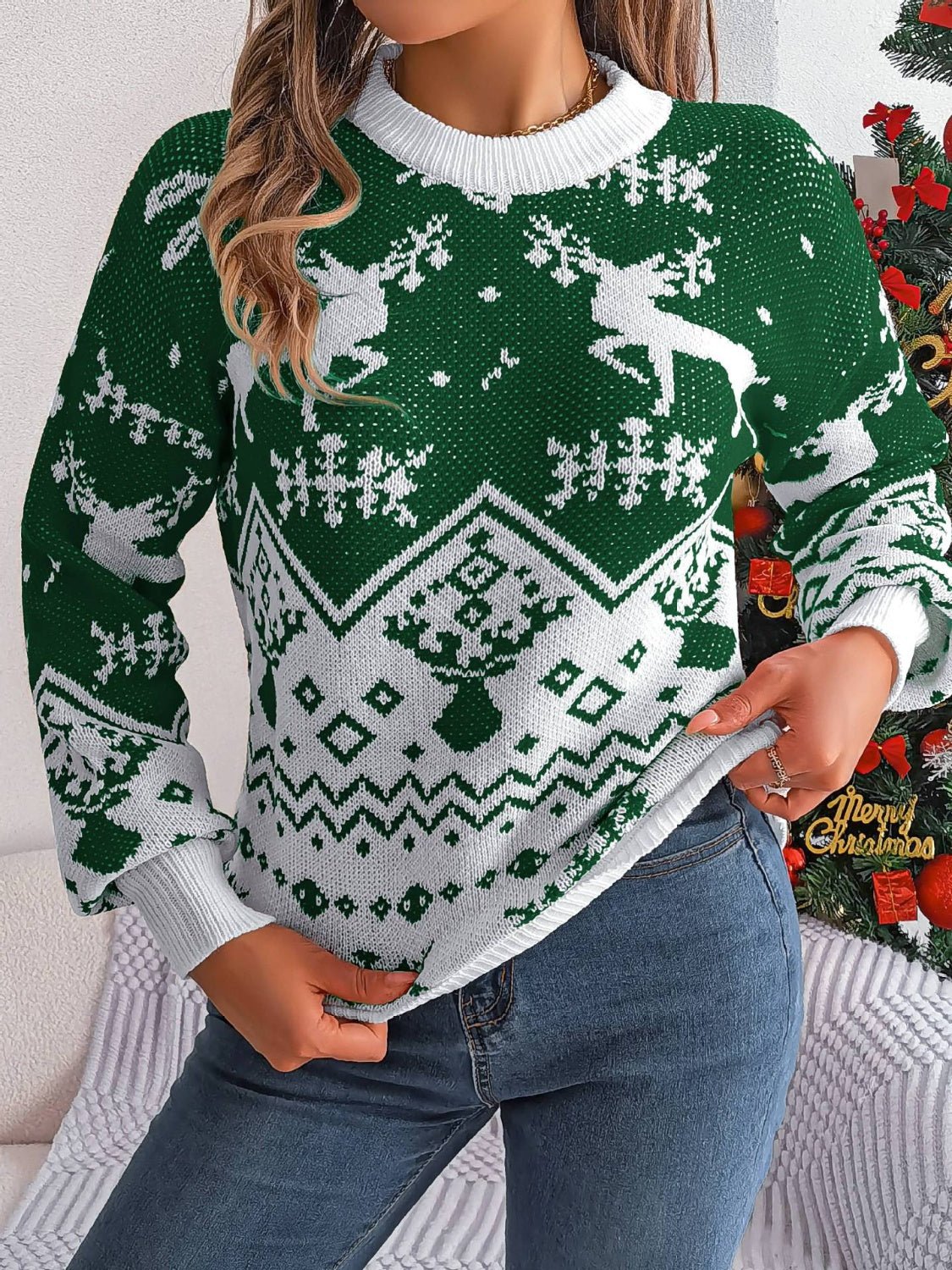 Christmas Element Round Neck Long Sleeve Sweater - Bella Blue Styles