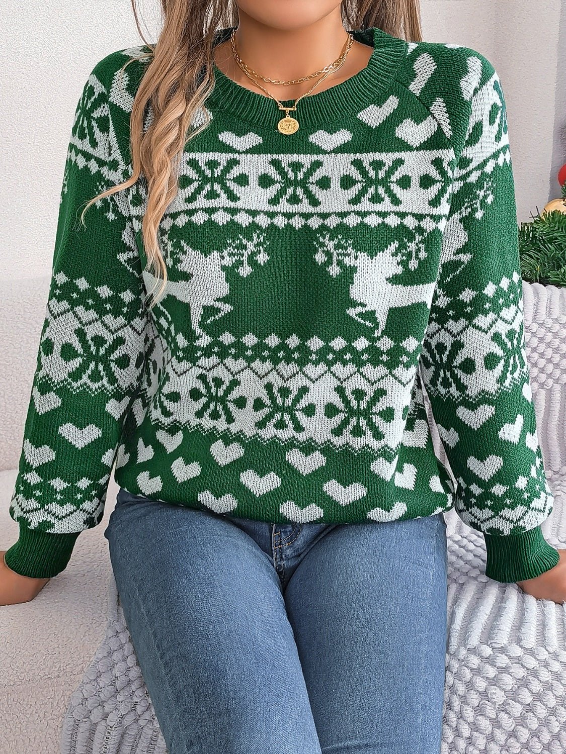 Christmas Element Round Neck Long Sleeve Sweater - Bella Blue Styles