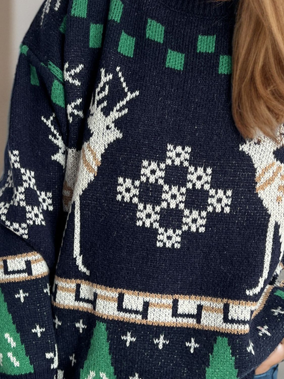 Christmas Element Round Neck Long Sleeve Sweater - Bella Blue Styles
