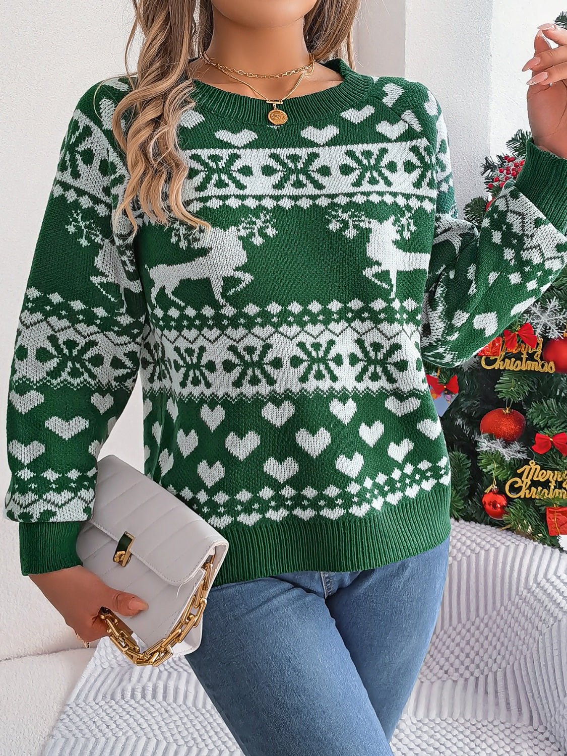 Christmas Element Round Neck Long Sleeve Sweater - Bella Blue Styles