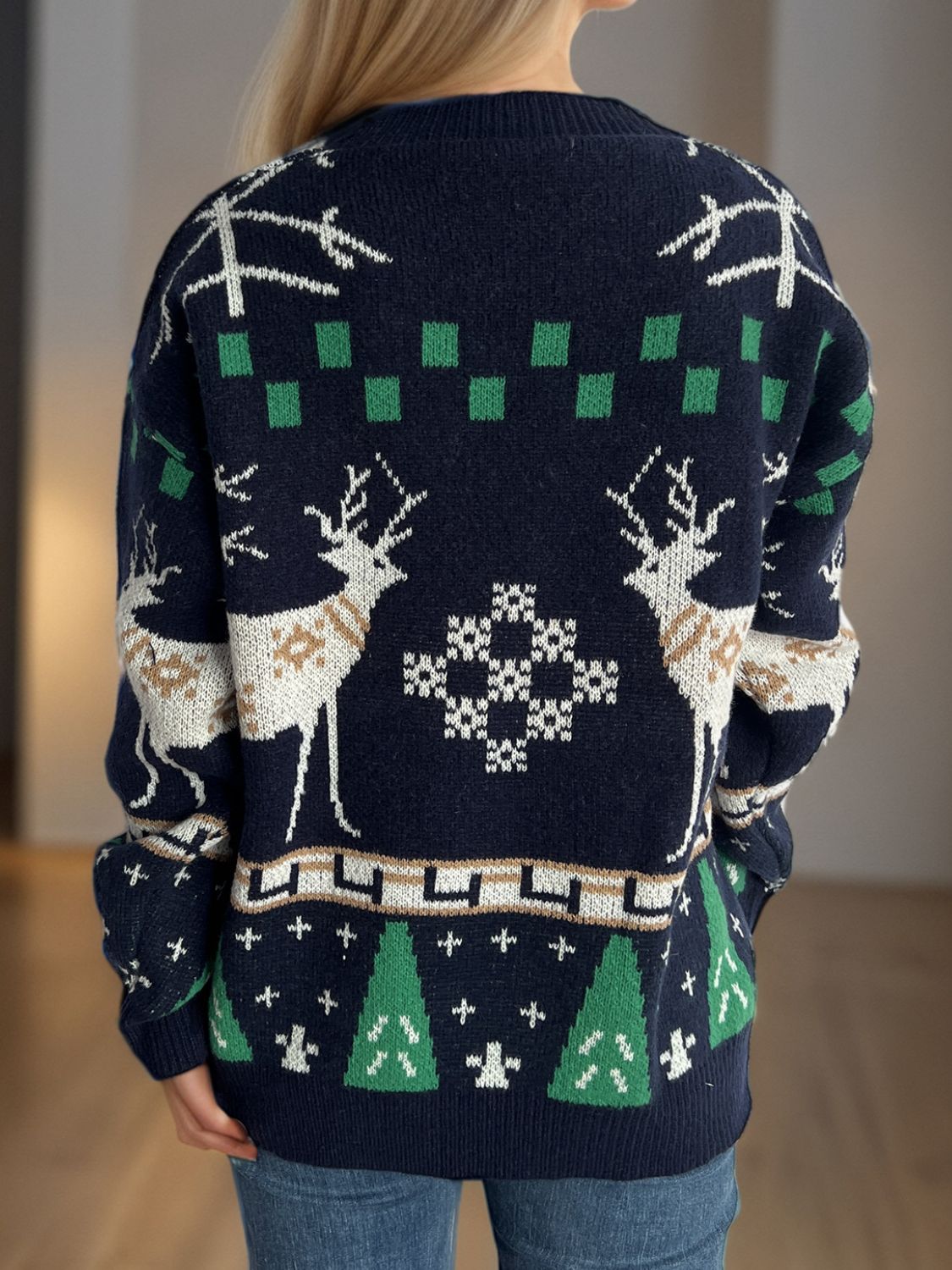 Christmas Element Round Neck Long Sleeve Sweater - Bella Blue Styles