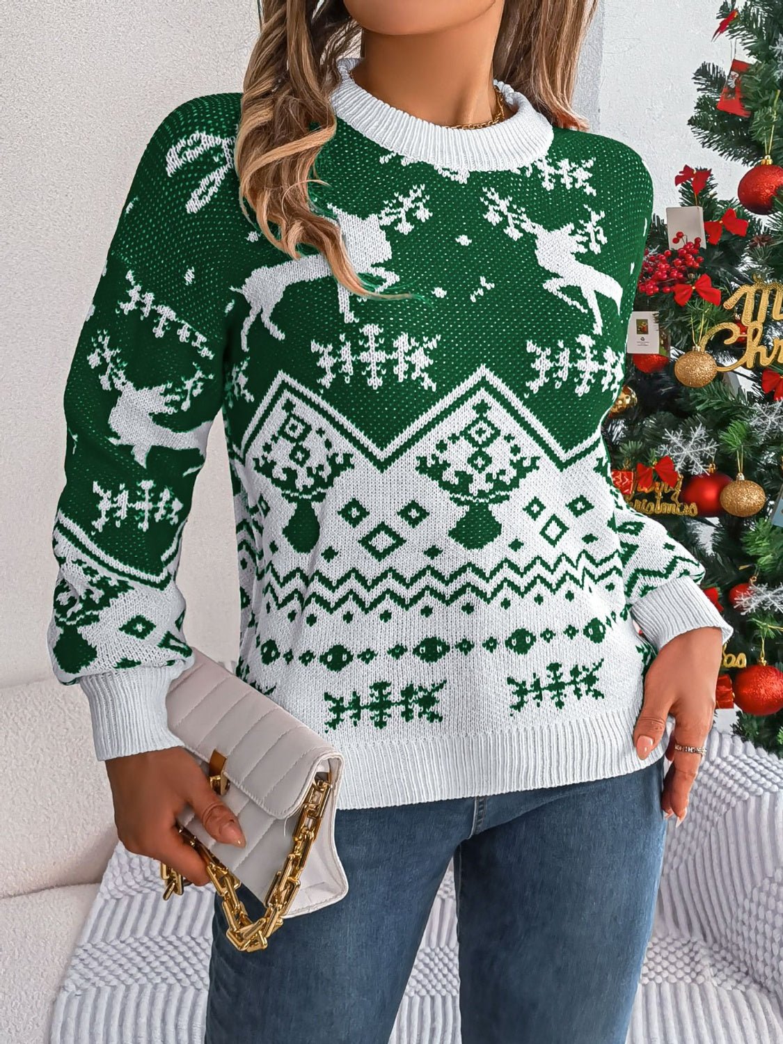 Christmas Element Round Neck Long Sleeve Sweater - Bella Blue Styles