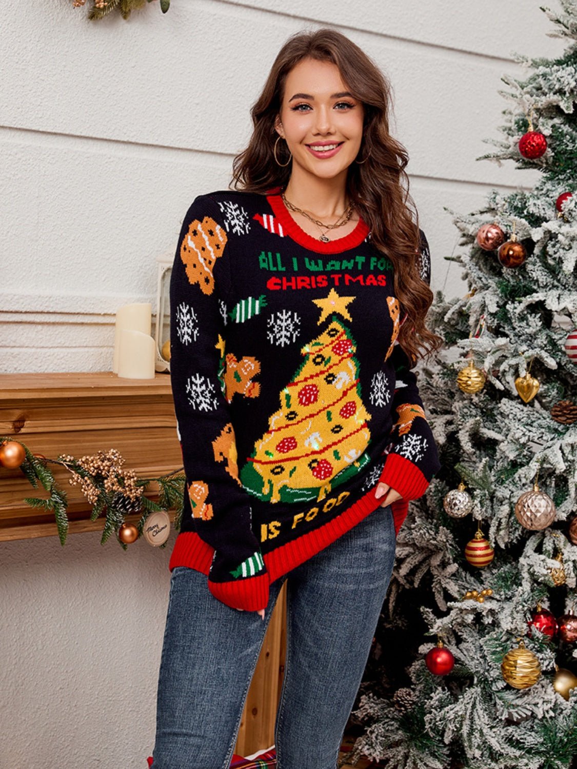 Christmas Element Round Neck Long Sleeve Sweater - Bella Blue Styles