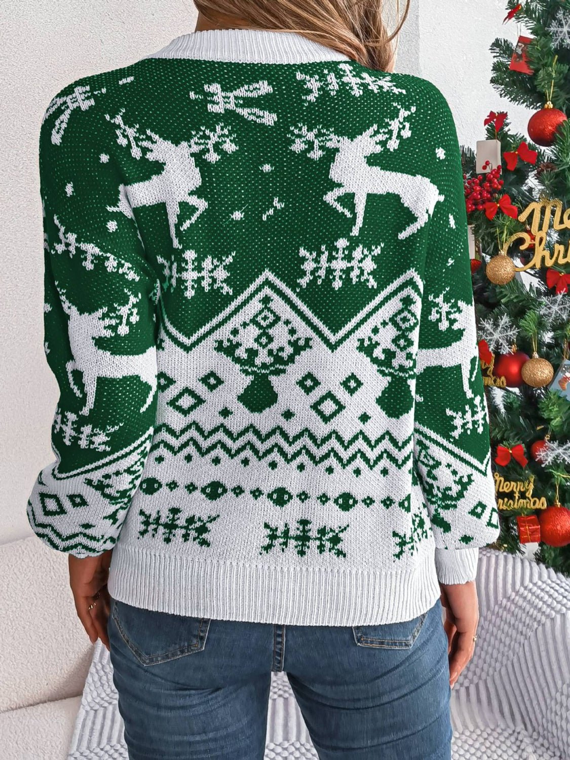Christmas Element Round Neck Long Sleeve Sweater - Bella Blue Styles