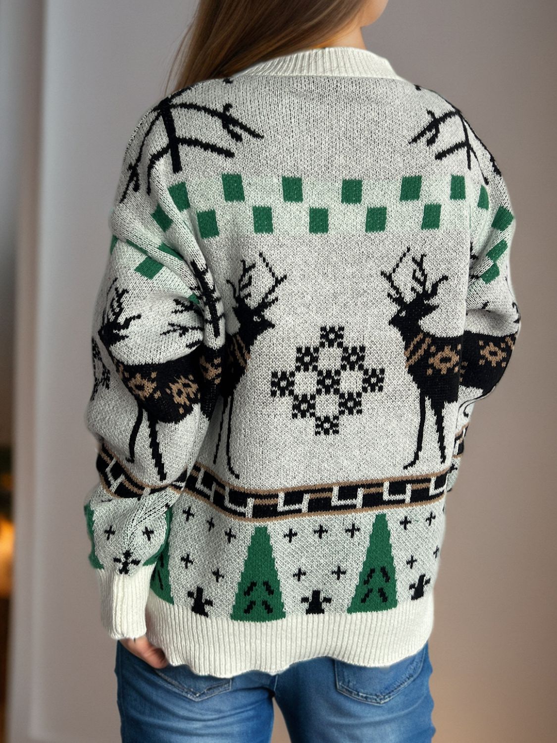 Christmas Element Round Neck Long Sleeve Sweater - Bella Blue Styles