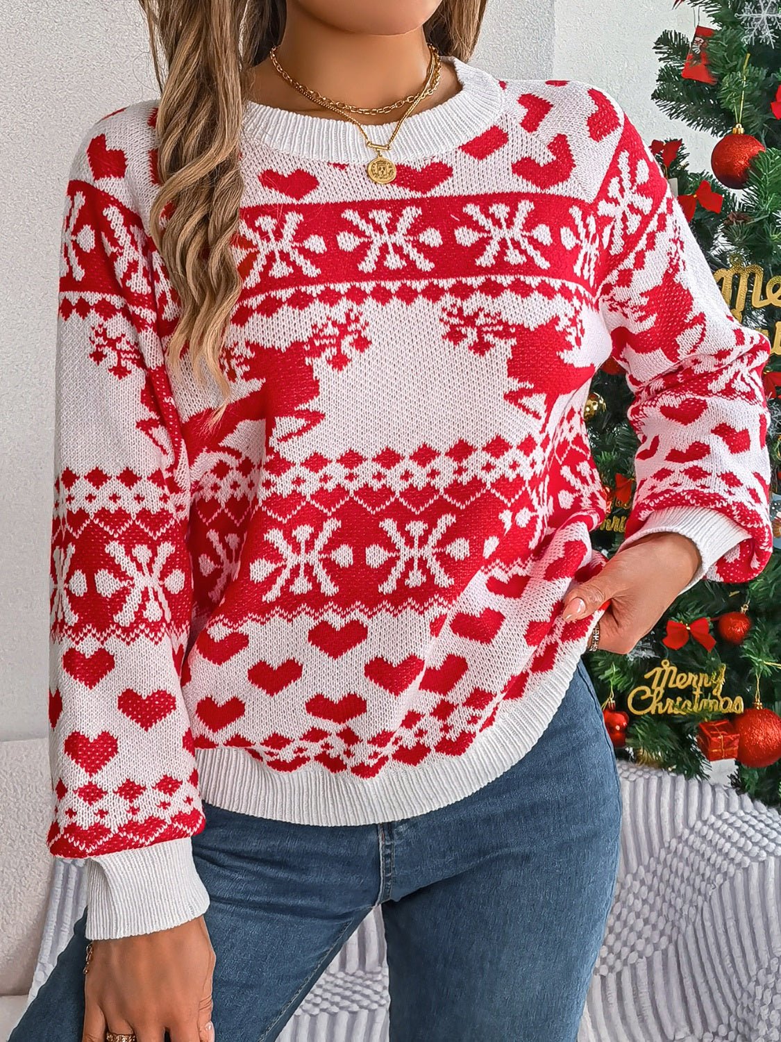 Christmas Element Round Neck Long Sleeve Sweater - Bella Blue Styles