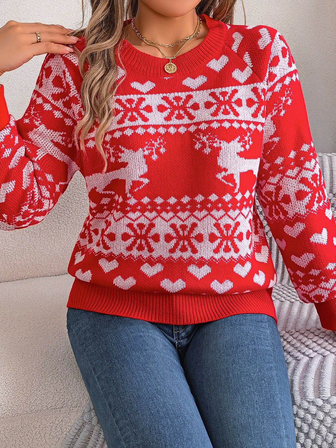 Christmas Element Round Neck Long Sleeve Sweater - Bella Blue Styles