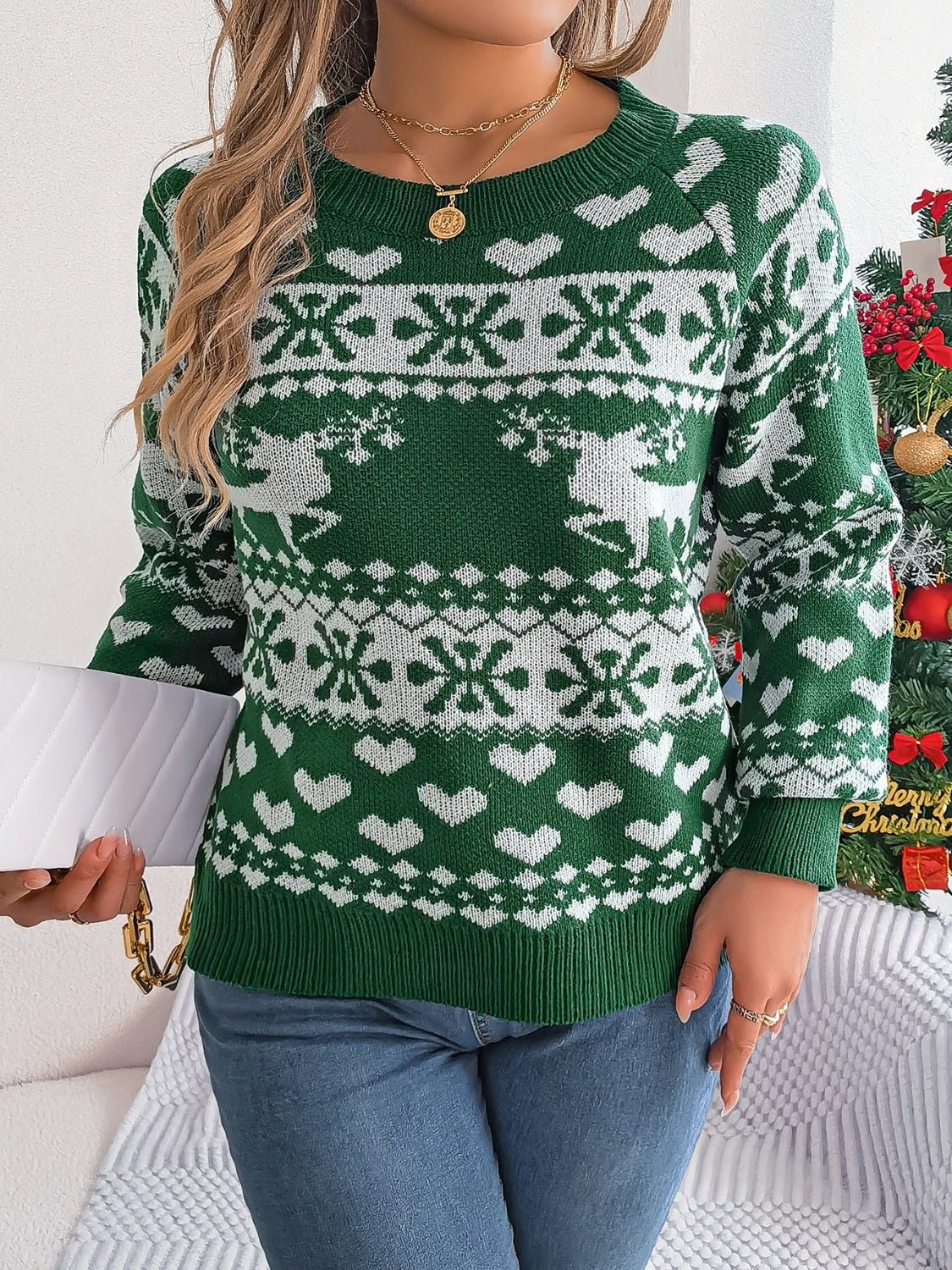 Christmas Element Round Neck Long Sleeve Sweater - Bella Blue Styles