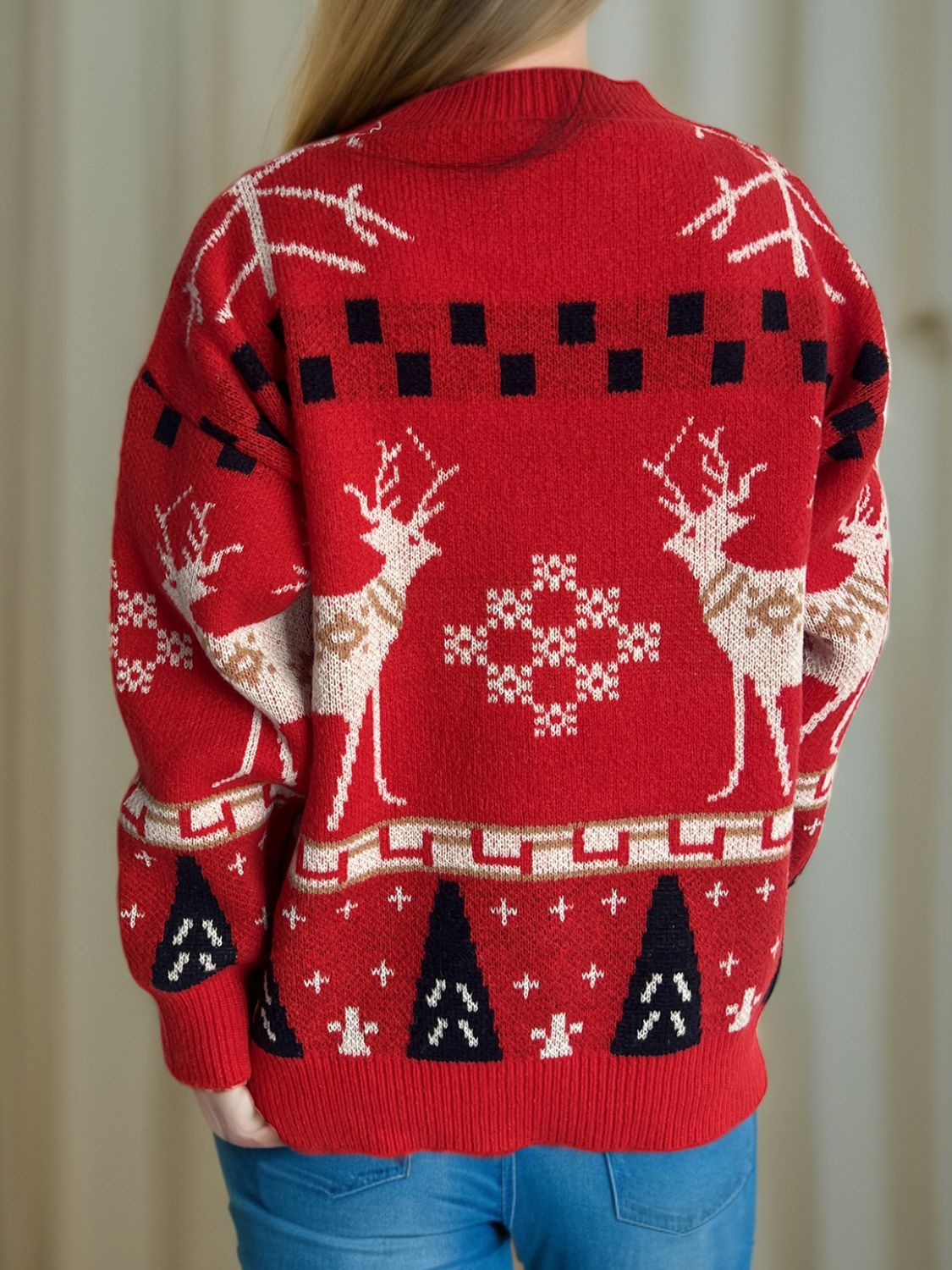 Christmas Element Round Neck Long Sleeve Sweater - Bella Blue Styles