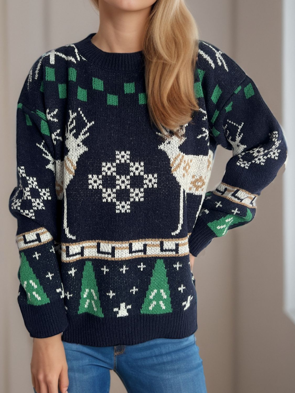 Christmas Element Round Neck Long Sleeve Sweater - Bella Blue Styles