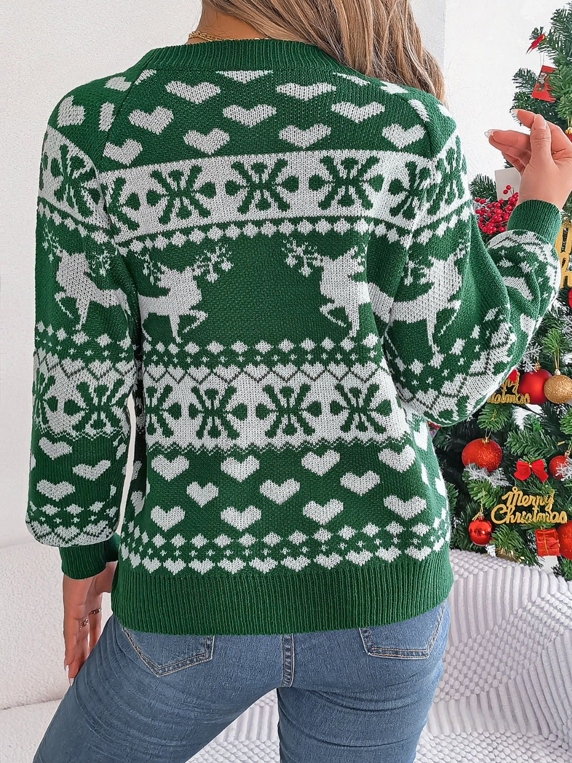 Christmas Element Round Neck Long Sleeve Sweater - Bella Blue Styles