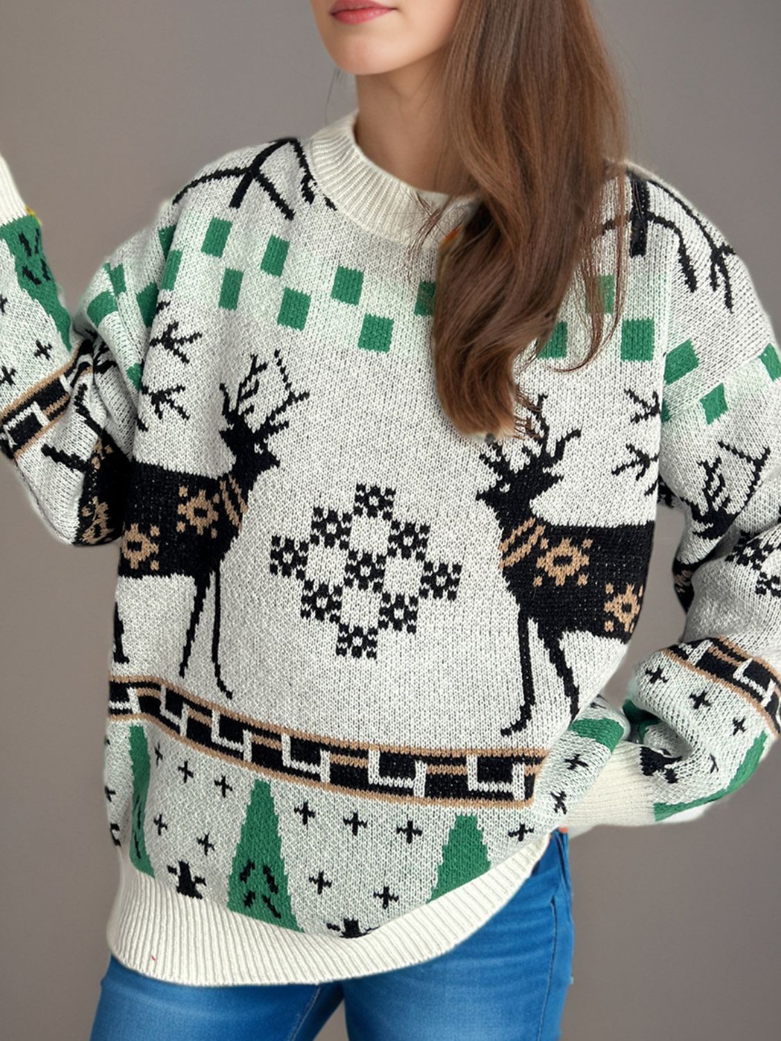 Christmas Element Round Neck Long Sleeve Sweater - Bella Blue Styles
