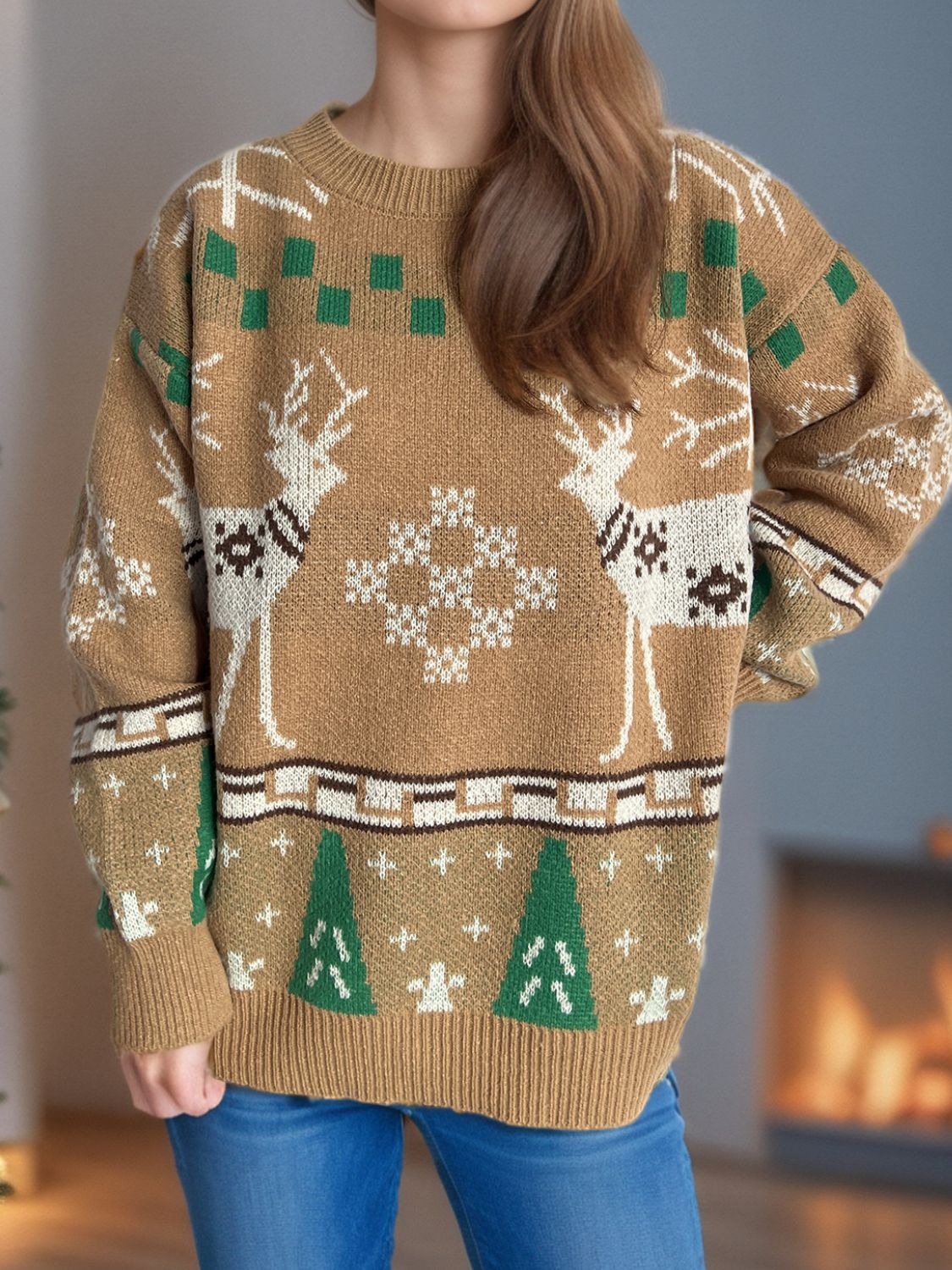 Christmas Element Round Neck Long Sleeve Sweater - Bella Blue Styles