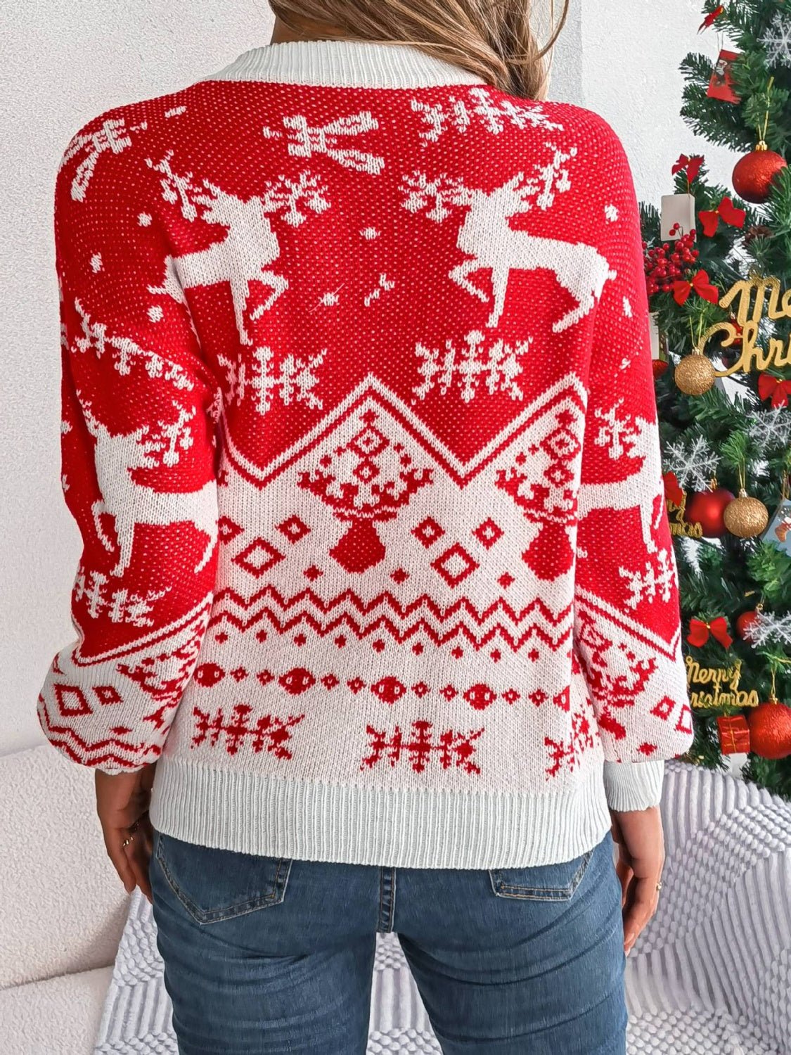 Christmas Element Round Neck Long Sleeve Sweater - Bella Blue Styles
