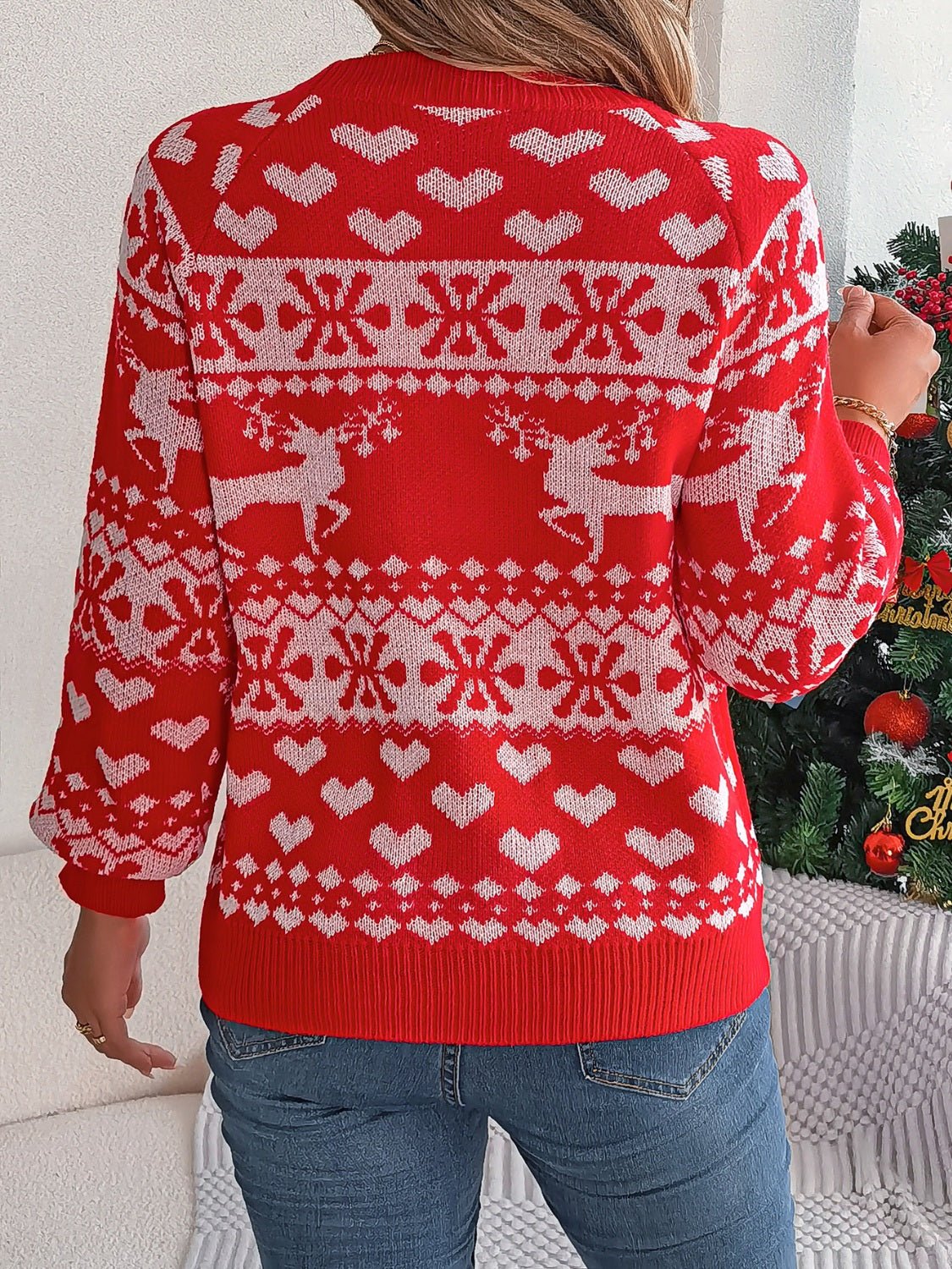 Christmas Element Round Neck Long Sleeve Sweater - Bella Blue Styles