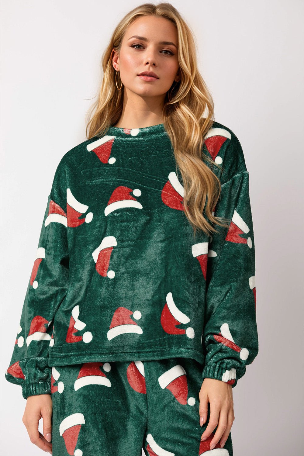 Christmas Hat Pattern Round Neck Long Sleeve Top and Pants Set - Bella Blue Styles