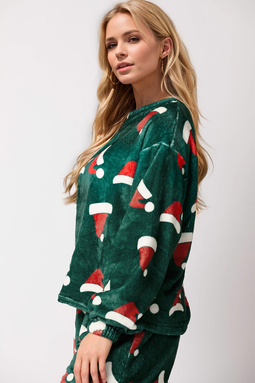 Christmas Hat Pattern Round Neck Long Sleeve Top and Pants Set - Bella Blue Styles