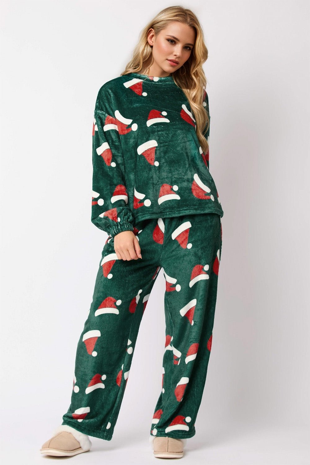 Christmas Hat Pattern Round Neck Long Sleeve Top and Pants Set - Bella Blue Styles