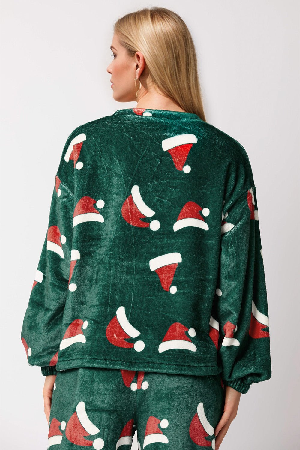 Christmas Hat Pattern Round Neck Long Sleeve Top and Pants Set - Bella Blue Styles