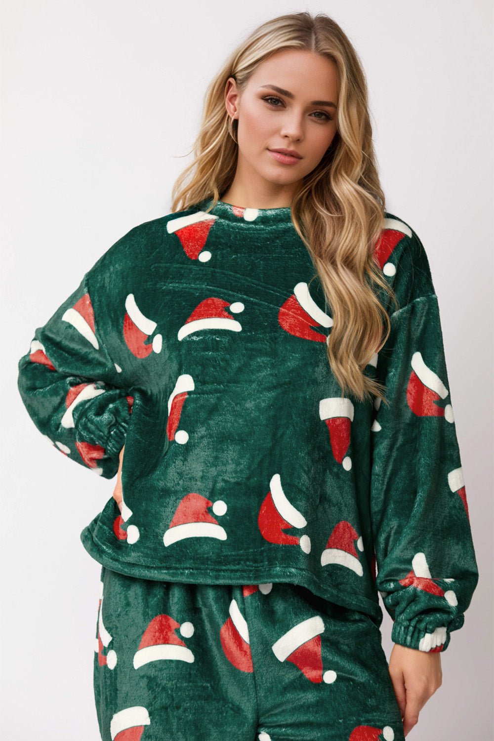 Christmas Hat Pattern Round Neck Long Sleeve Top and Pants Set - Bella Blue Styles