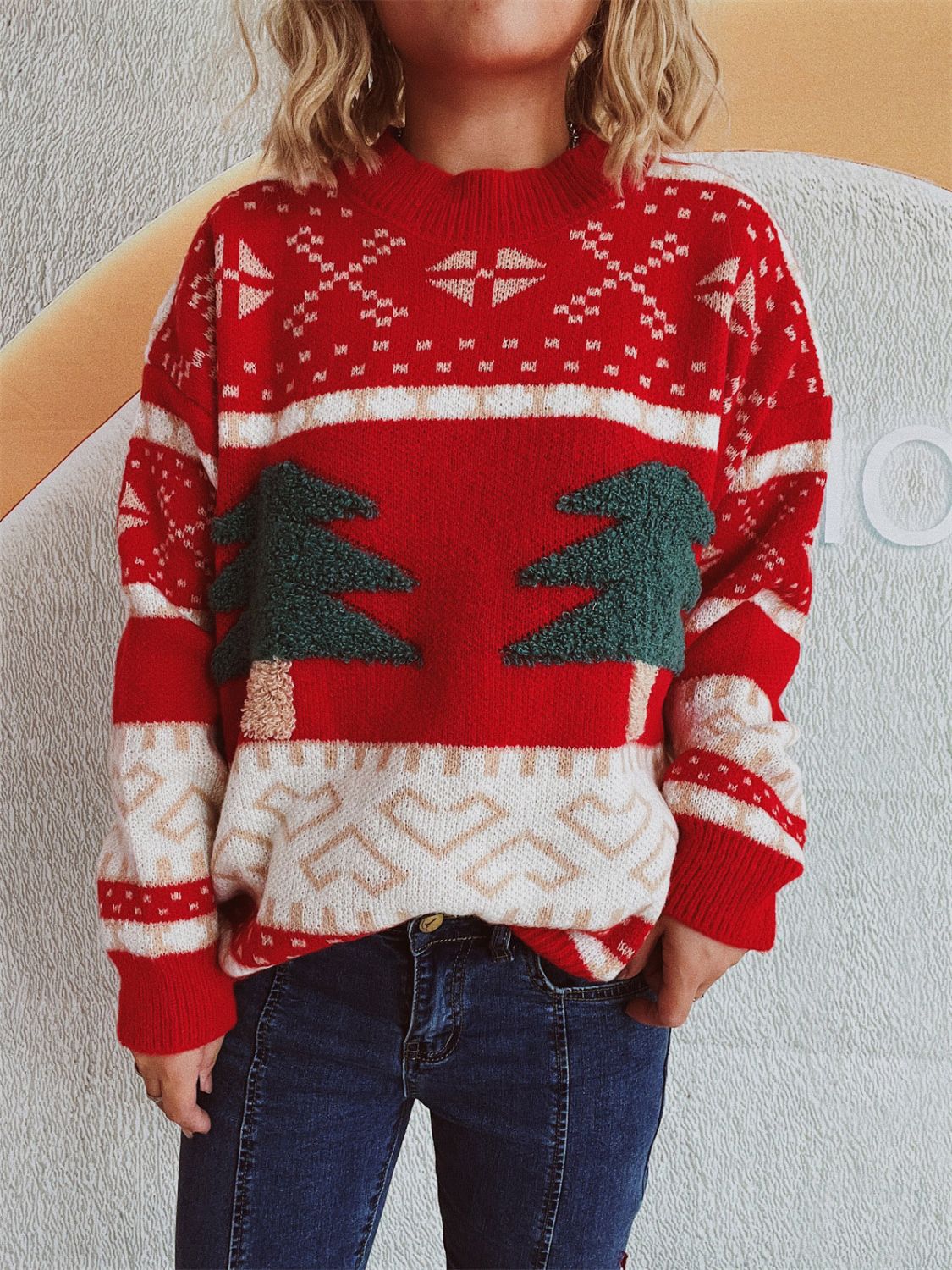 Christmas Tree Mock Neck Long Sleeve Sweater - Bella Blue Styles