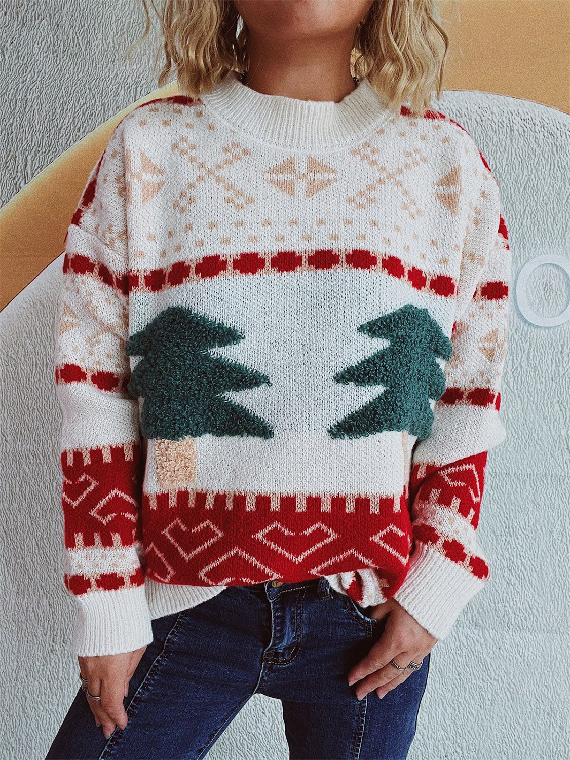 Christmas Tree Mock Neck Long Sleeve Sweater - Bella Blue Styles
